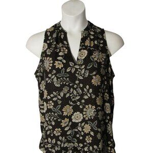 Ann Taylor LOFT L Black Sage Green Floral Blouse Sleeveless Shirt Top
